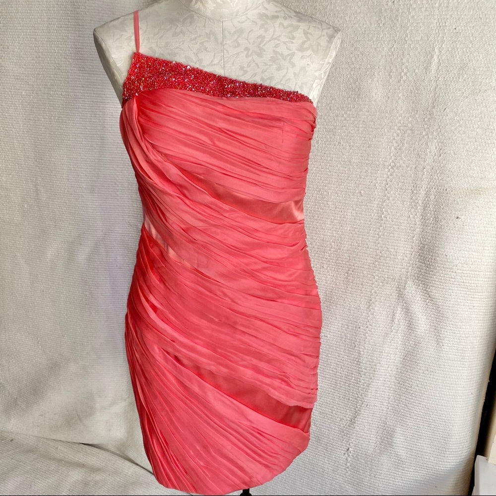 Theia 4/6 Silk Short Gathered Party Dress Coral - Picture 7 of 8